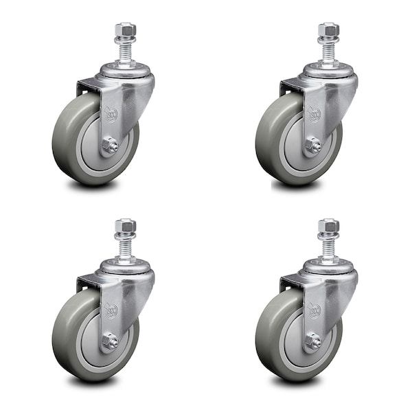 4 Inch Gray Polyurethane Wheel Swivel 1/2 Inch Threaded Stem Caster Set SCC